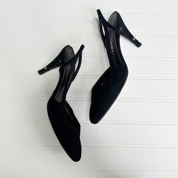 Chanel Slingback Heels 36.5 Black Suede Cap Toe Gold CC Logo Block Heel Vintage - Picture 10 of 11